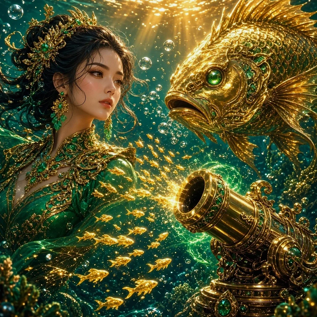 Cá vàng khổng lồ, súng bắn cá và đàn cá phát sáng cạnh người mẫu trưởng thành